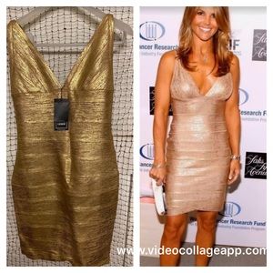 ✅HERVE LEGER GOLD FOIL Bandage Dress (Authentic)